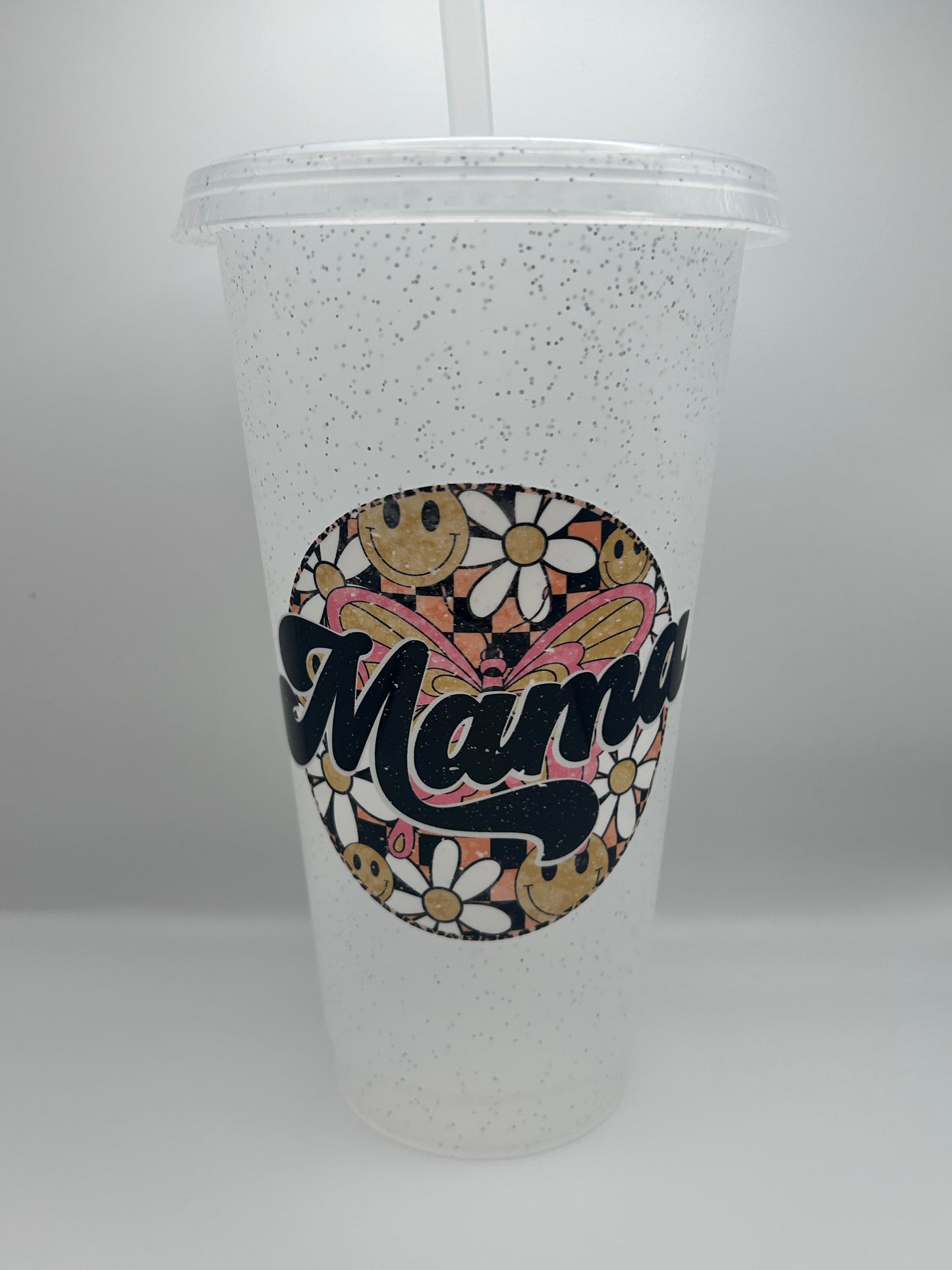 Floral mama 24 oz cold cup with lid and straw.