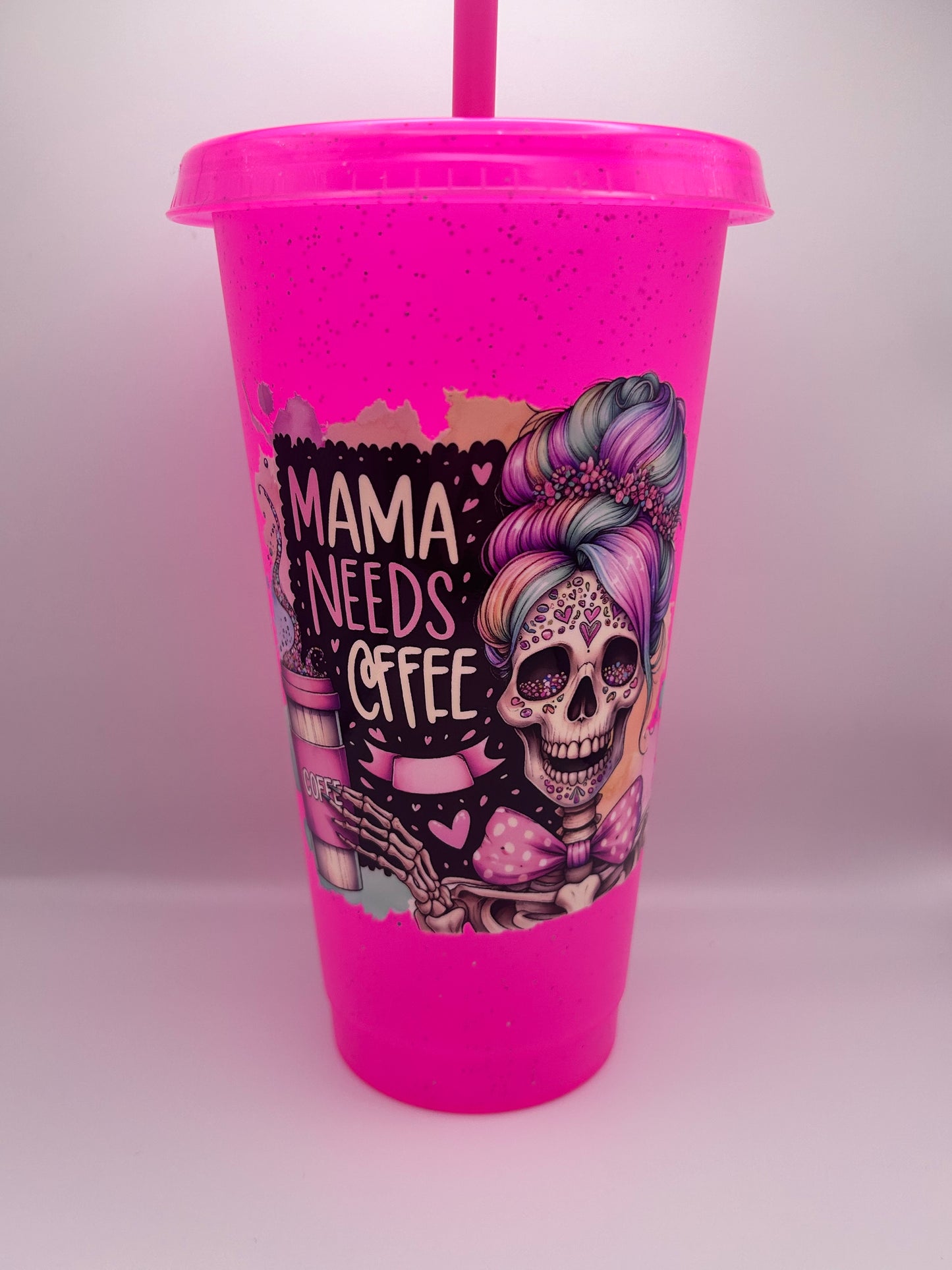 Mama needs coffee 24 oz cold cup with lid and straw.