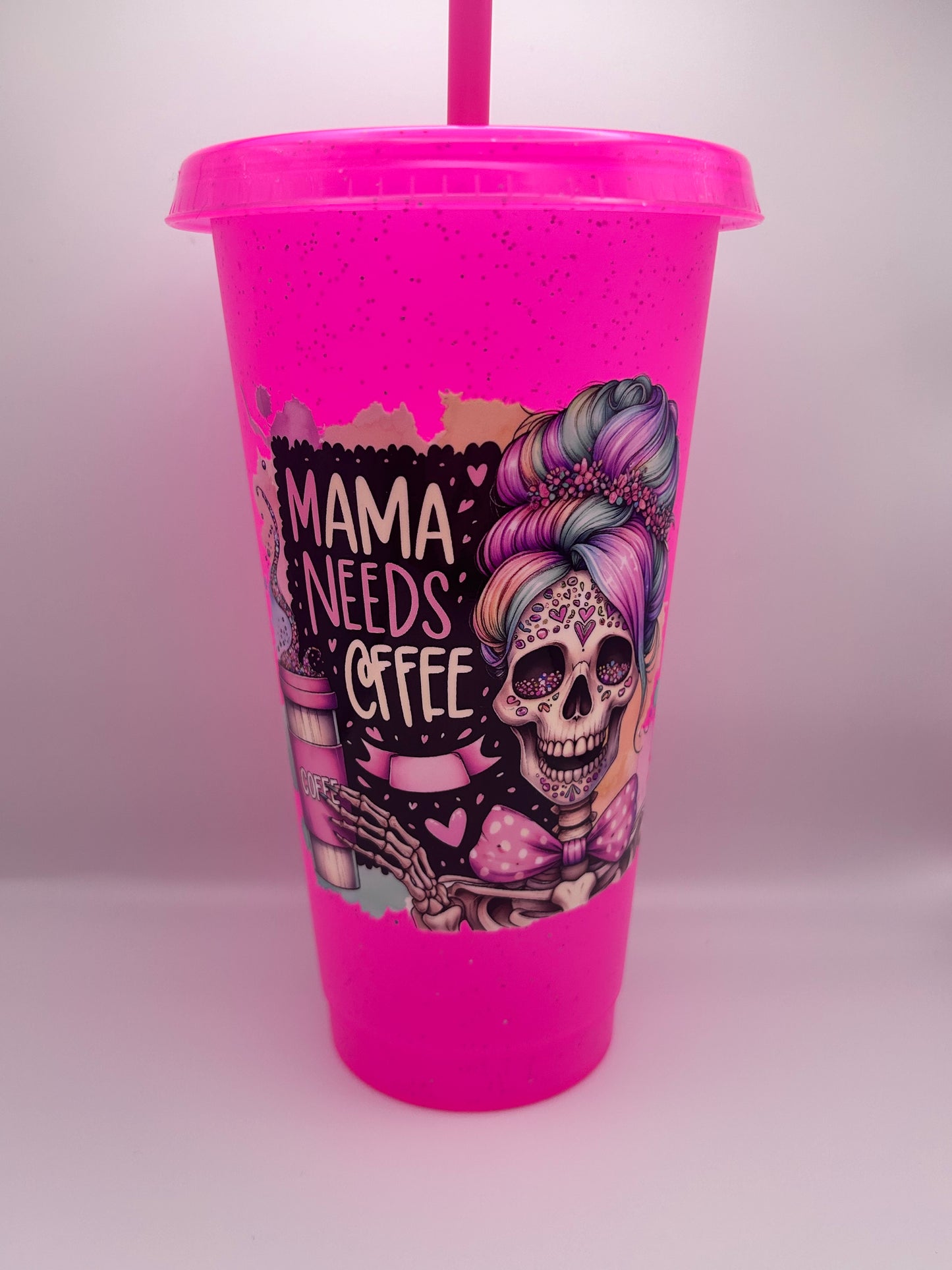 Mama needs coffee 24 oz cold cup with lid and straw.