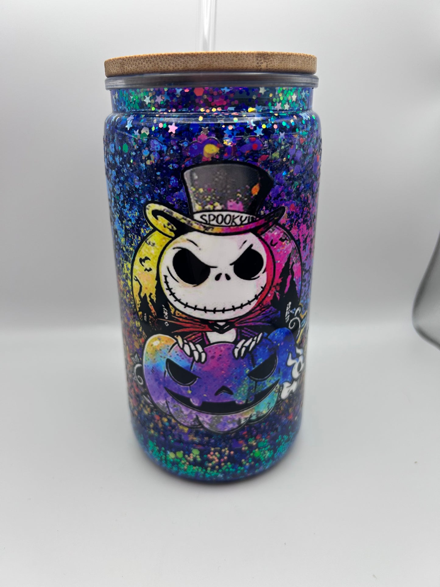 Jack skeleton  16 oz plastic medium flow snow-globe tumbler.