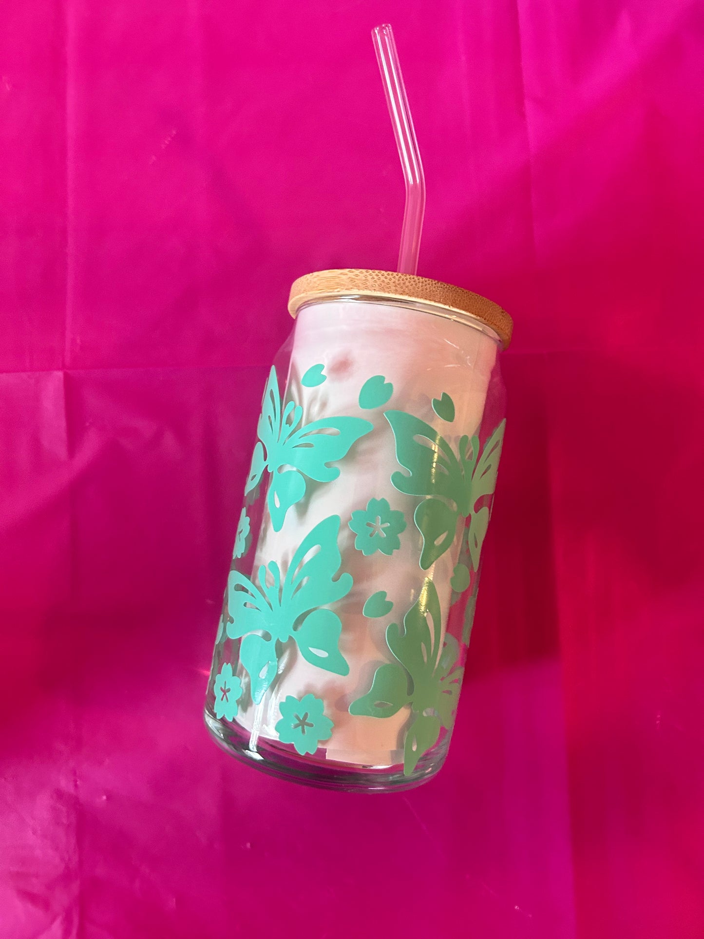 Butterfly 16 oz libby glass with bamboo lid and glass straw!