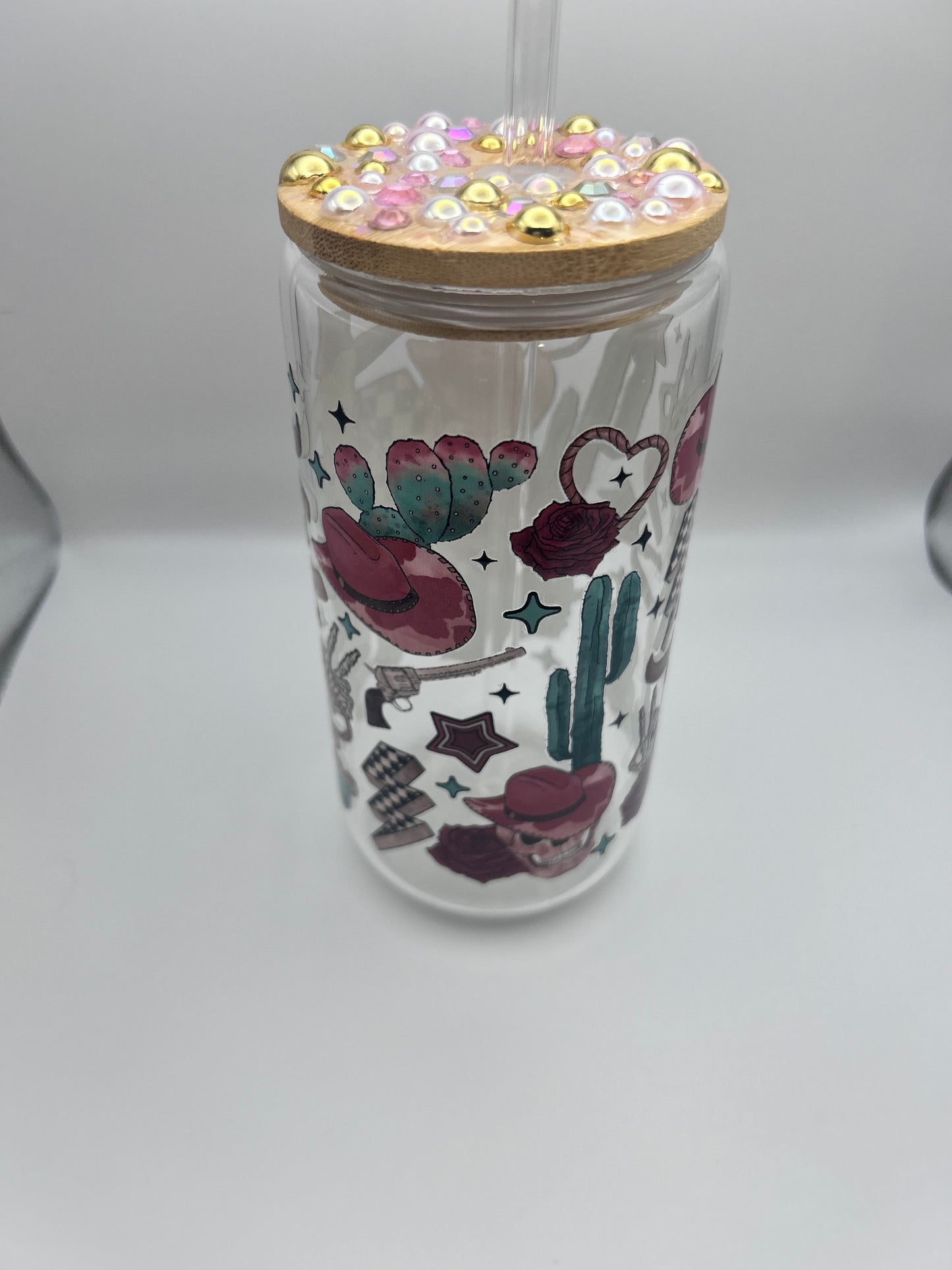 Western 16 oz libby glass with ** bling** lid and glass straw!