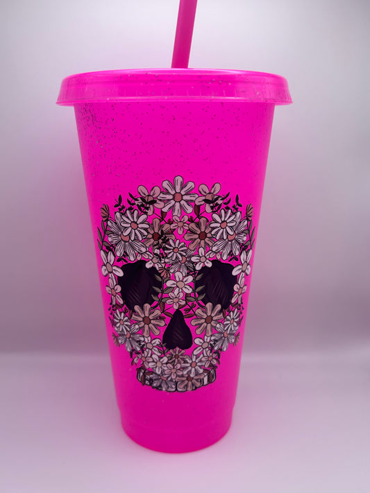 Floral skull 24 oz cold cup with lid and straw.