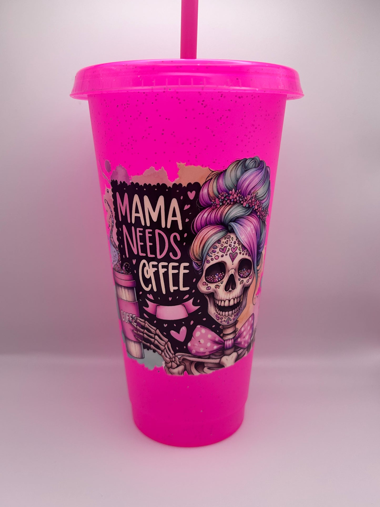 Mama needs coffee 24 oz cold cup with lid and straw.