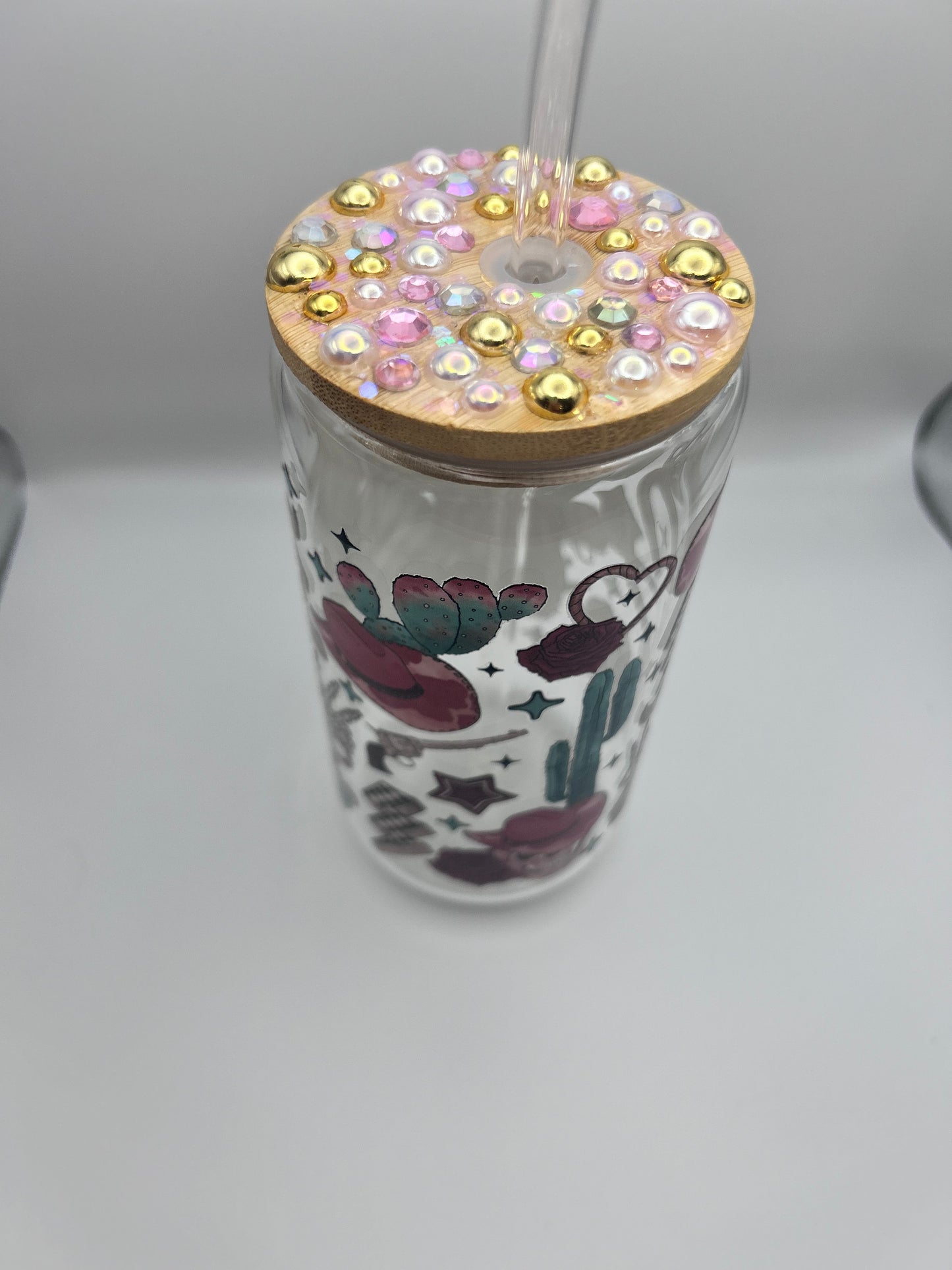 Western 16 oz libby glass with ** bling** lid and glass straw!