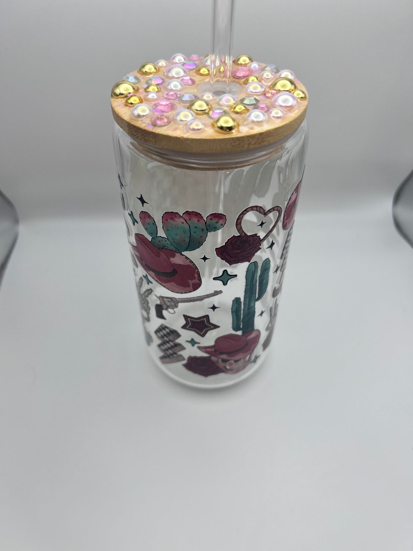 Western 16 oz libby glass with ** bling** lid and glass straw!