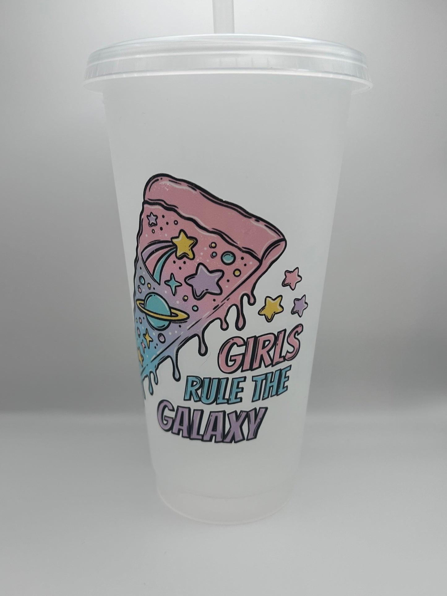 Girls rule the galaxy 24 oz cold cup with lid and straw.