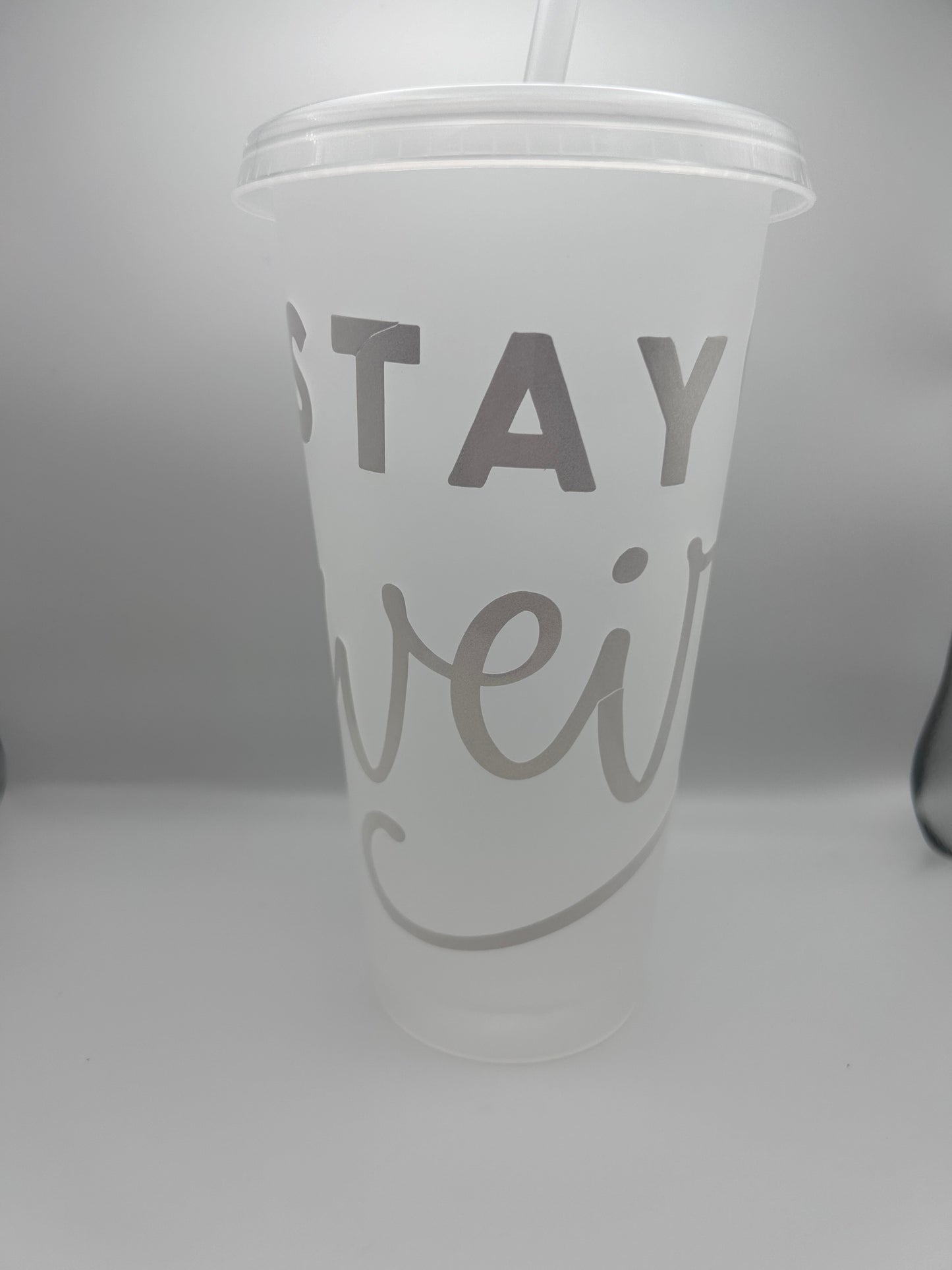 Stay weird white 24 oz cold cup with lid and straw.