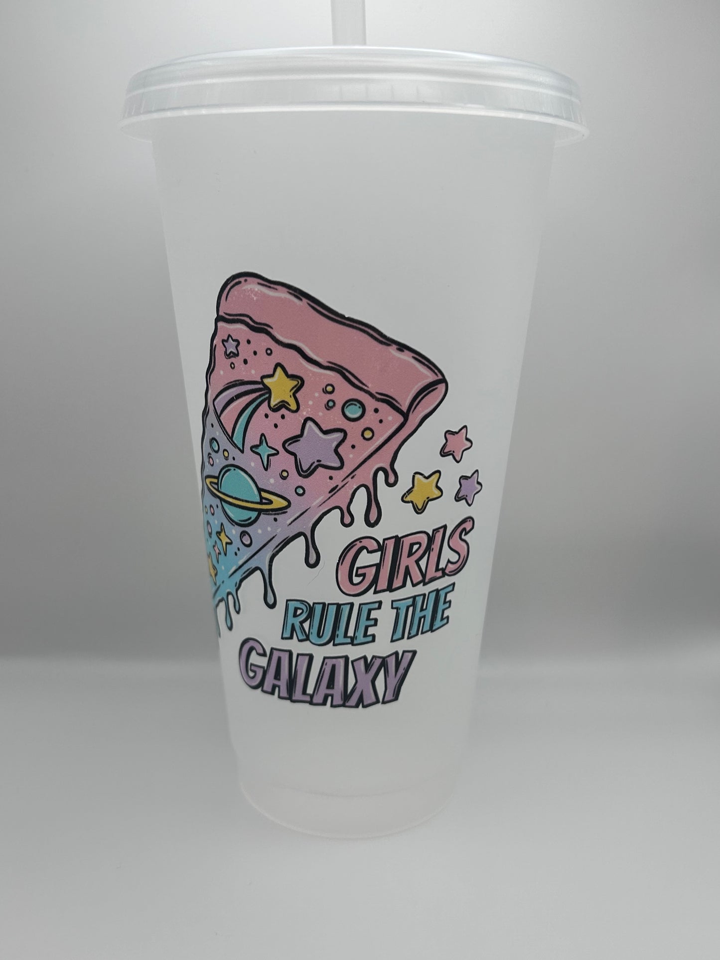 Girls rule the galaxy 24 oz cold cup with lid and straw.