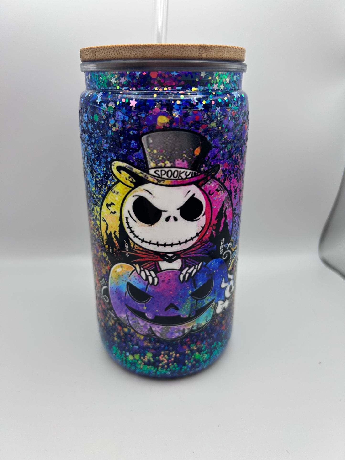 Jack skeleton  16 oz plastic medium flow snow-globe tumbler.