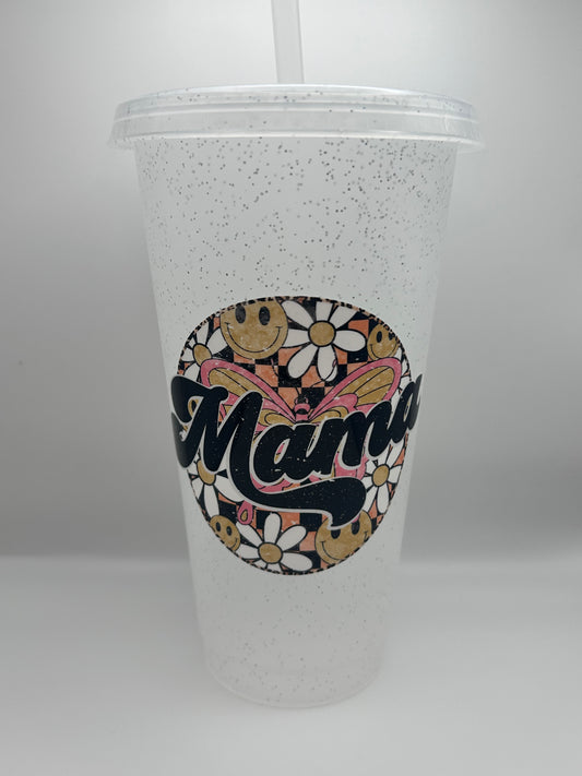 Floral mama 24 oz cold cup with lid and straw.