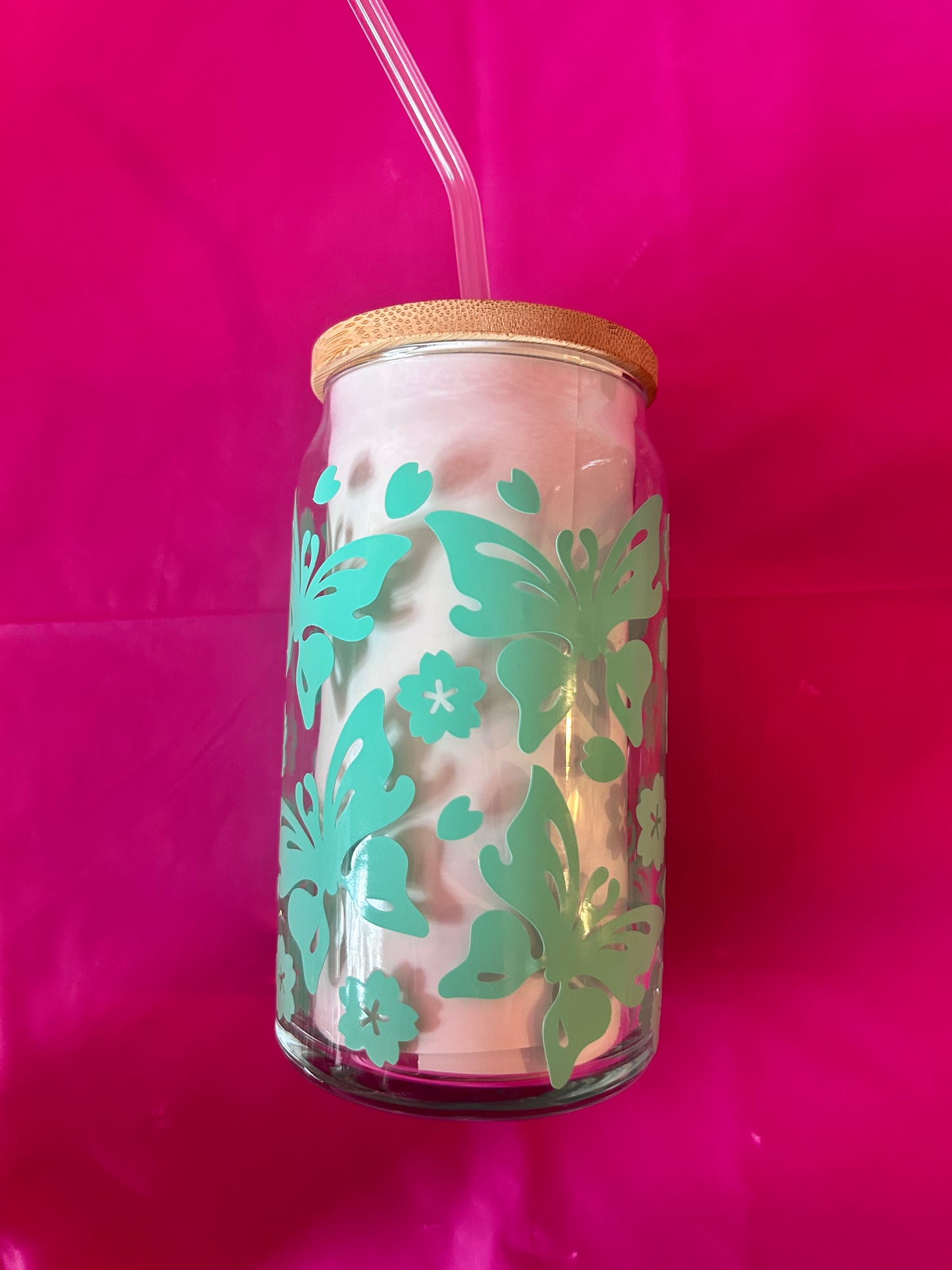 Butterfly 16 oz libby glass with bamboo lid and glass straw!