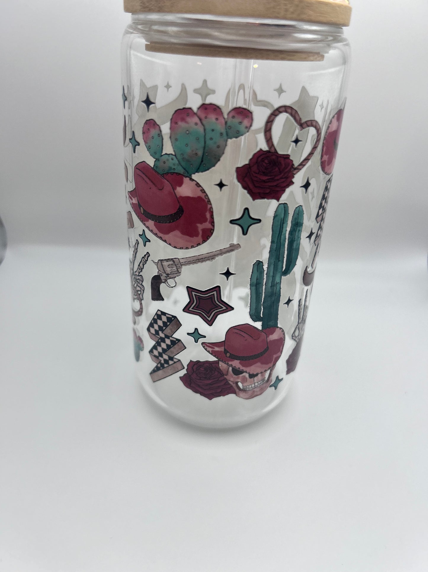 Western 16 oz libby glass with ** bling** lid and glass straw!