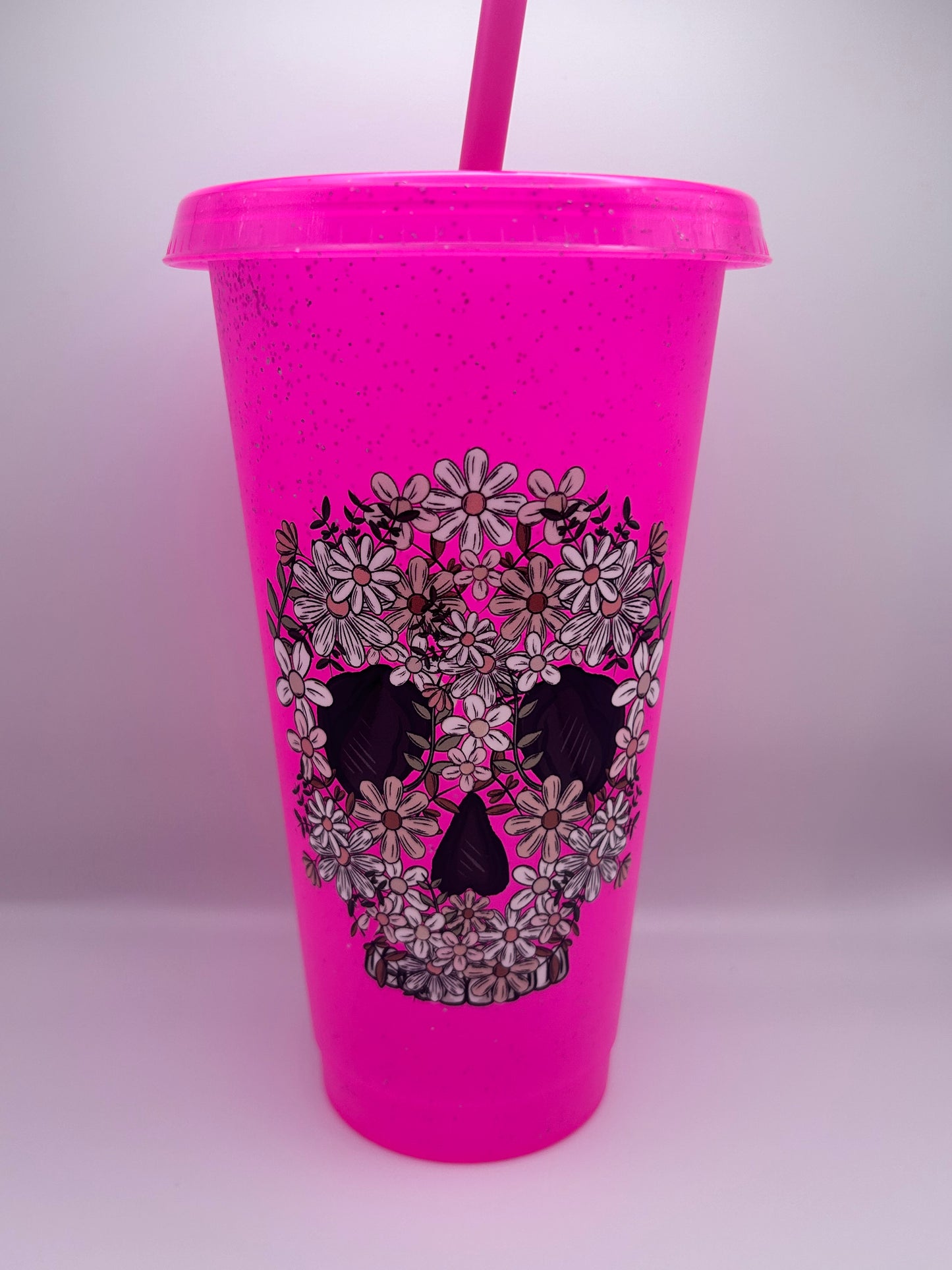 Floral skull 24 oz cold cup with lid and straw.