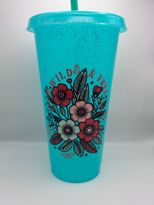 Wild and free 24 oz cold cup with lid and straw.