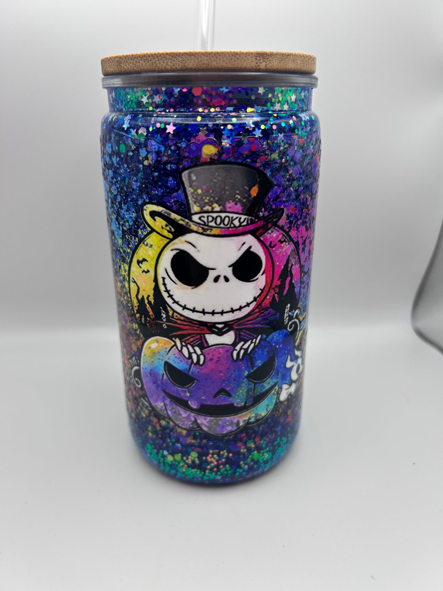 Jack skeleton  16 oz plastic medium flow snow-globe tumbler.