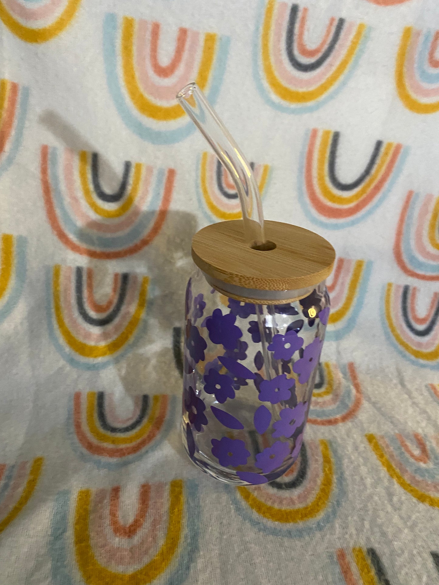 Purple flower print 16 oz Libby Cup/libby glass