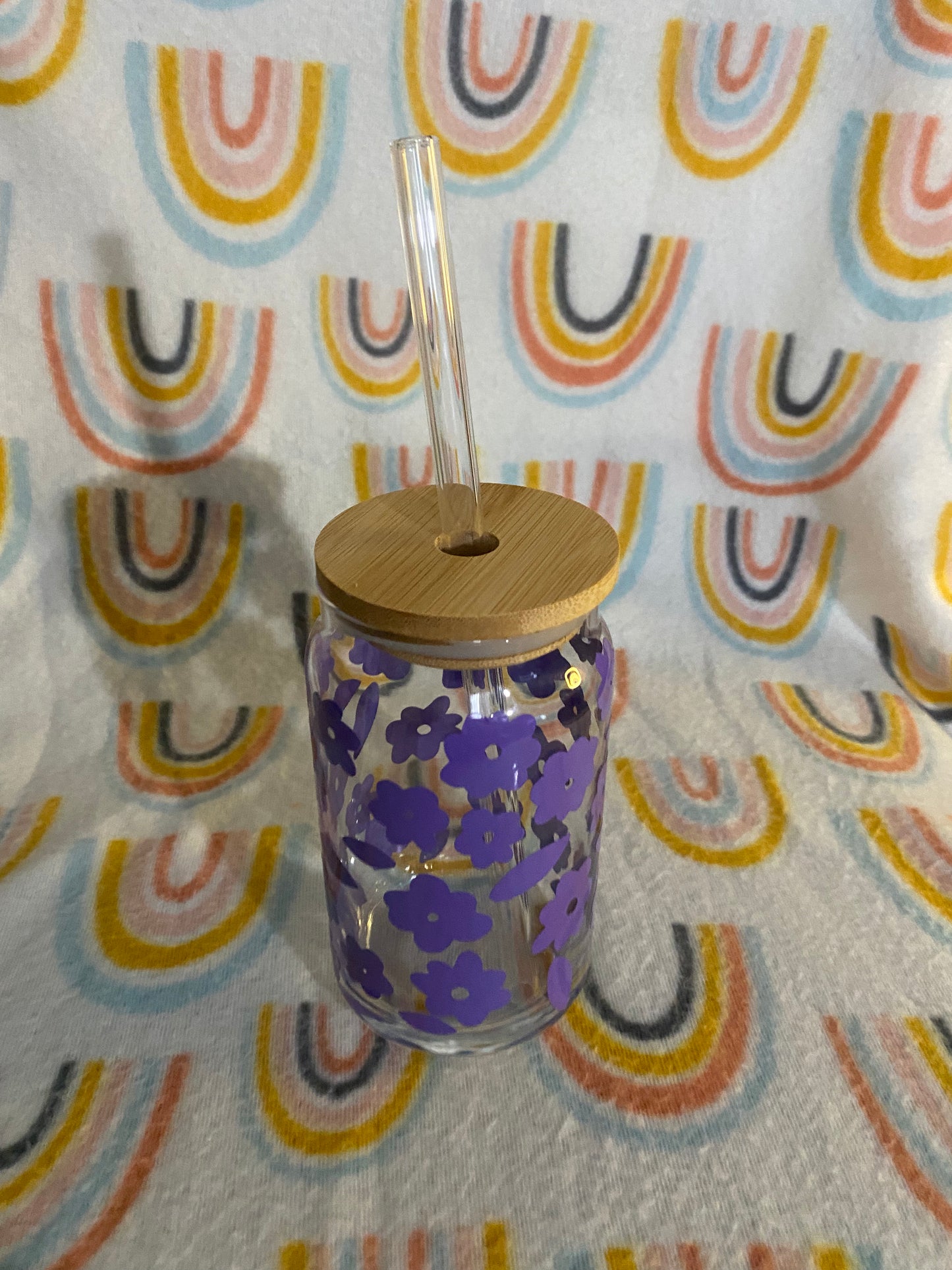 Purple flower print 16 oz Libby Cup/libby glass