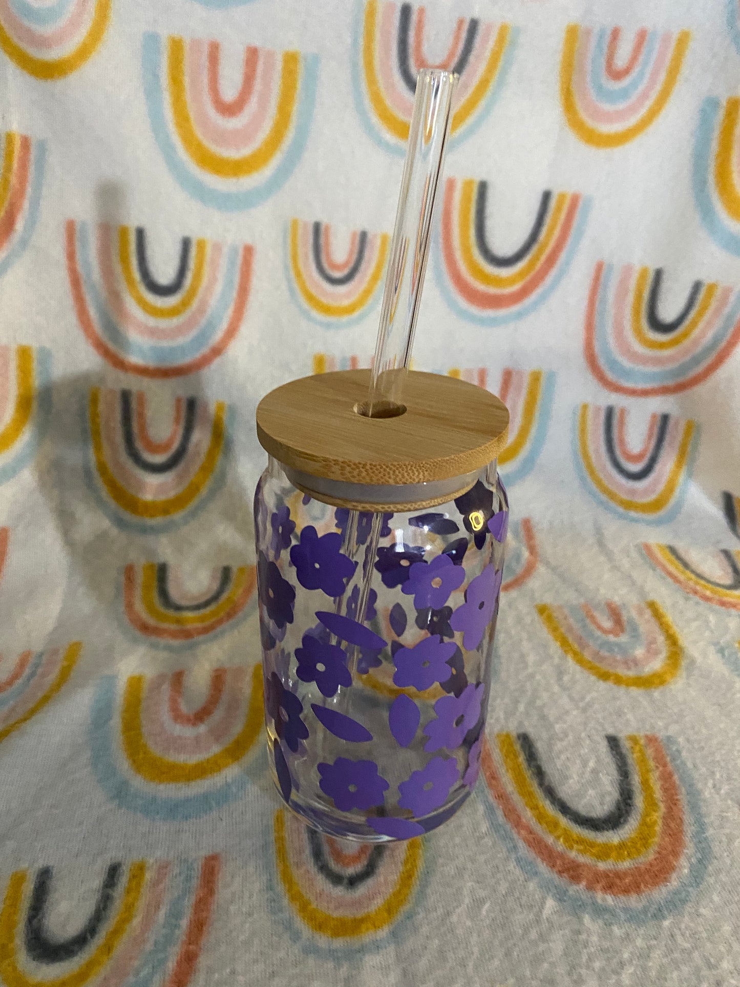 Purple flower print 16 oz Libby Cup/libby glass