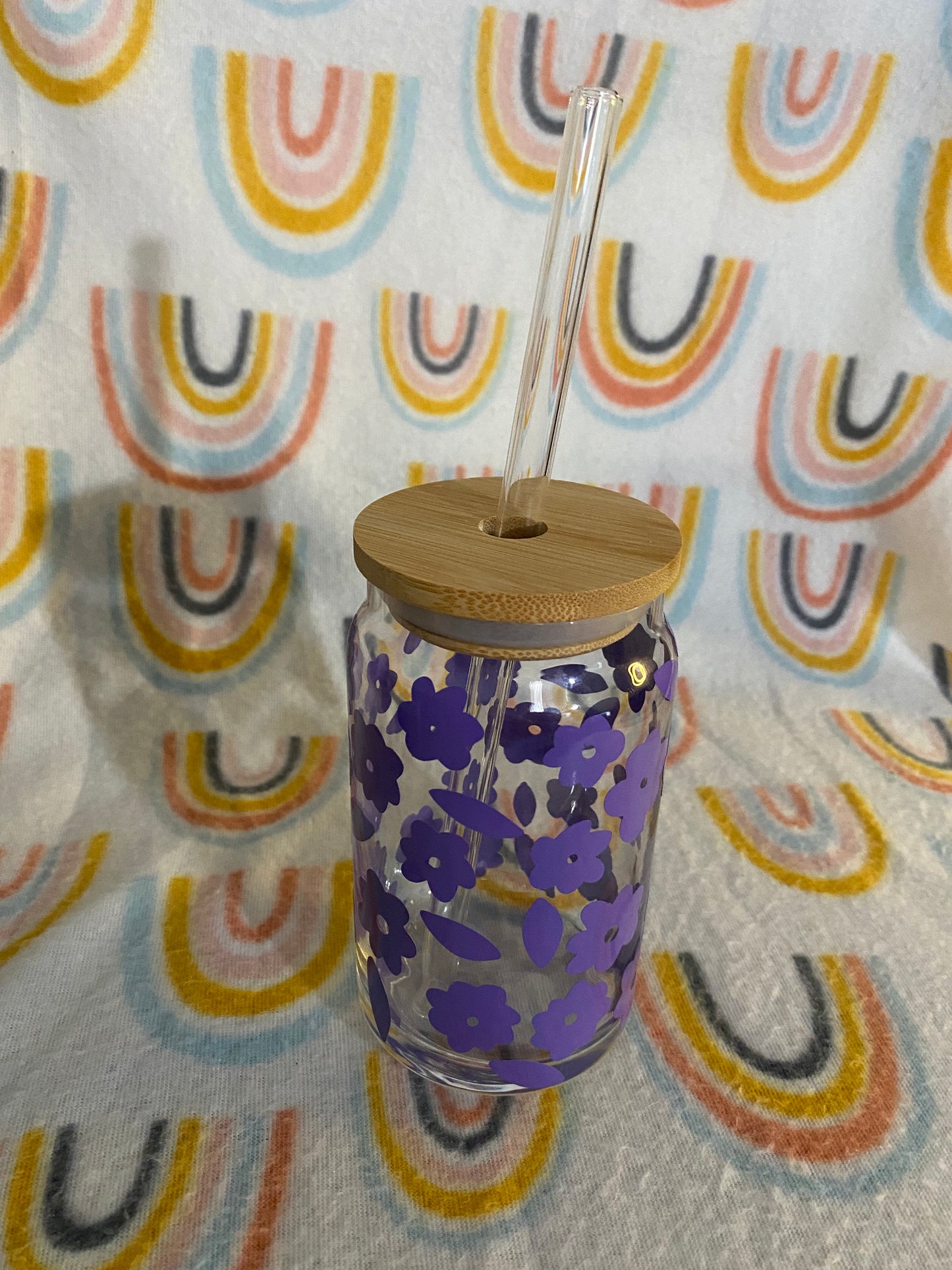 Purple flower print 16 oz Libby Cup/libby glass