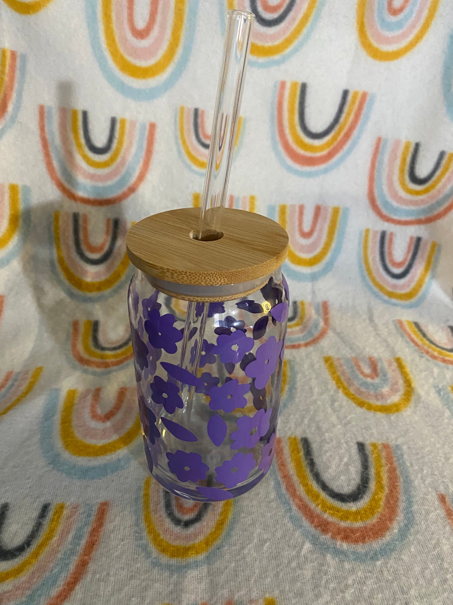 Purple flower print 16 oz Libby Cup/libby glass