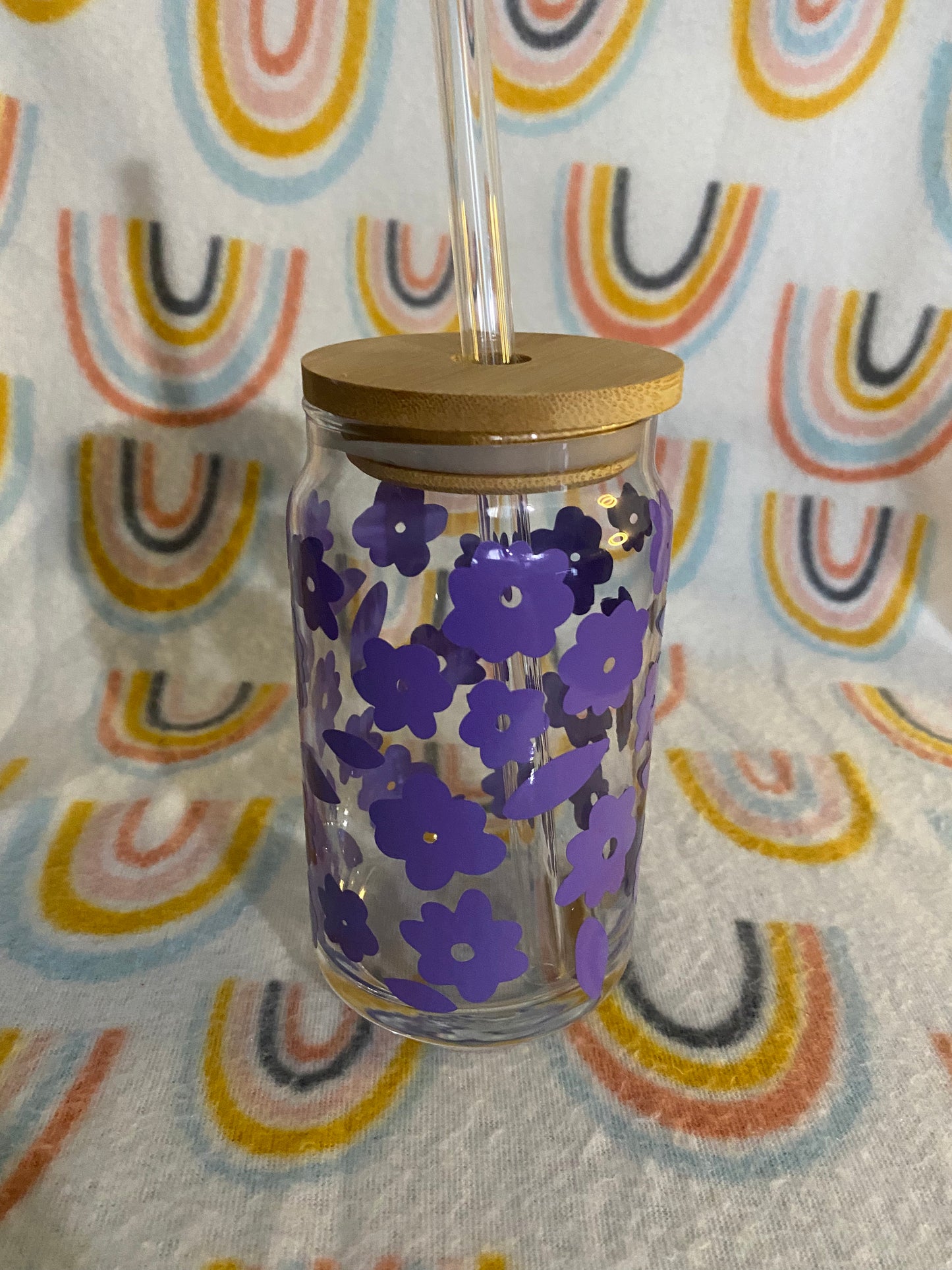 Purple flower print 16 oz Libby Cup/libby glass