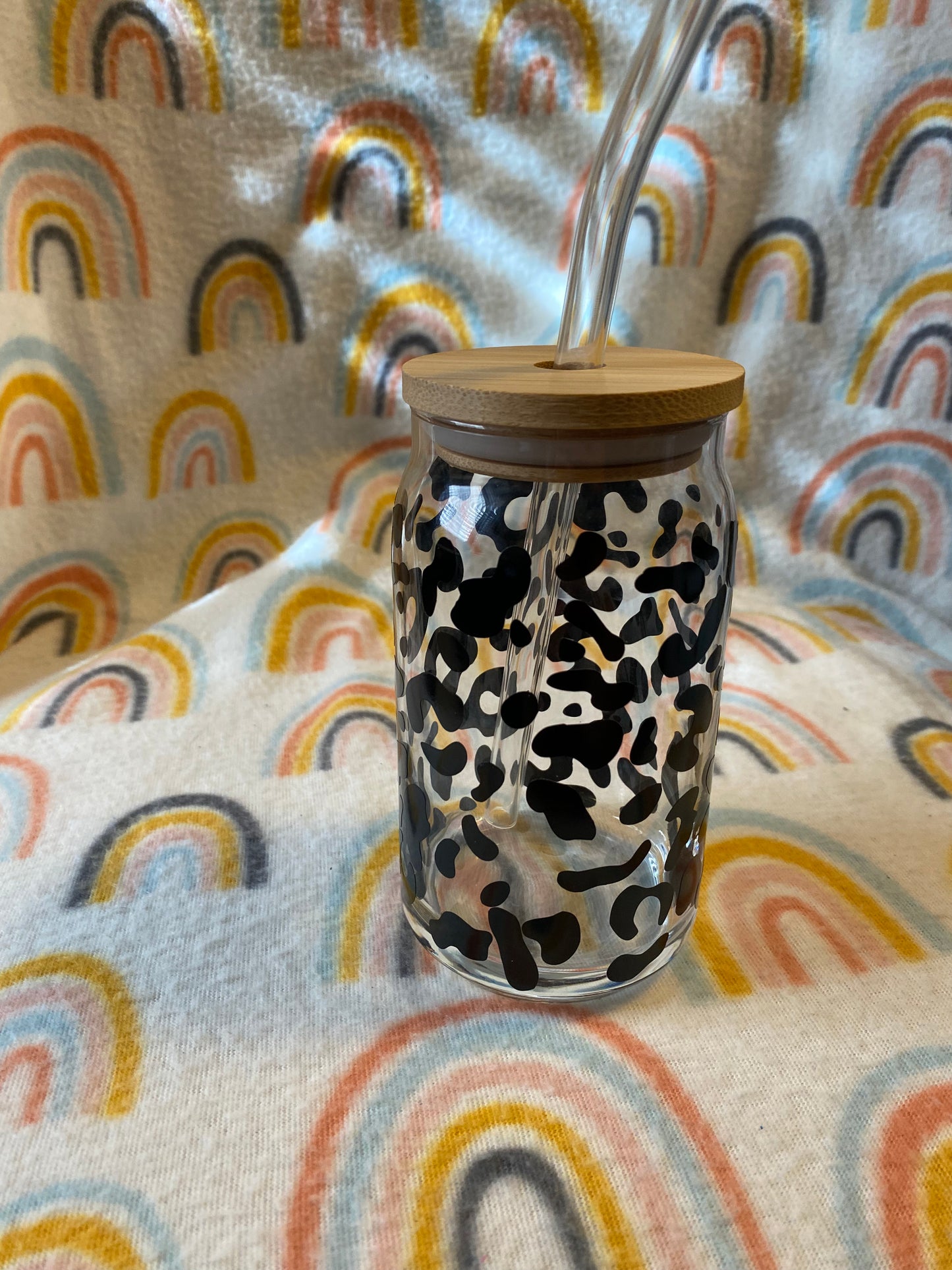 Black cheetah print 16 oz Libby Cup/libby glass