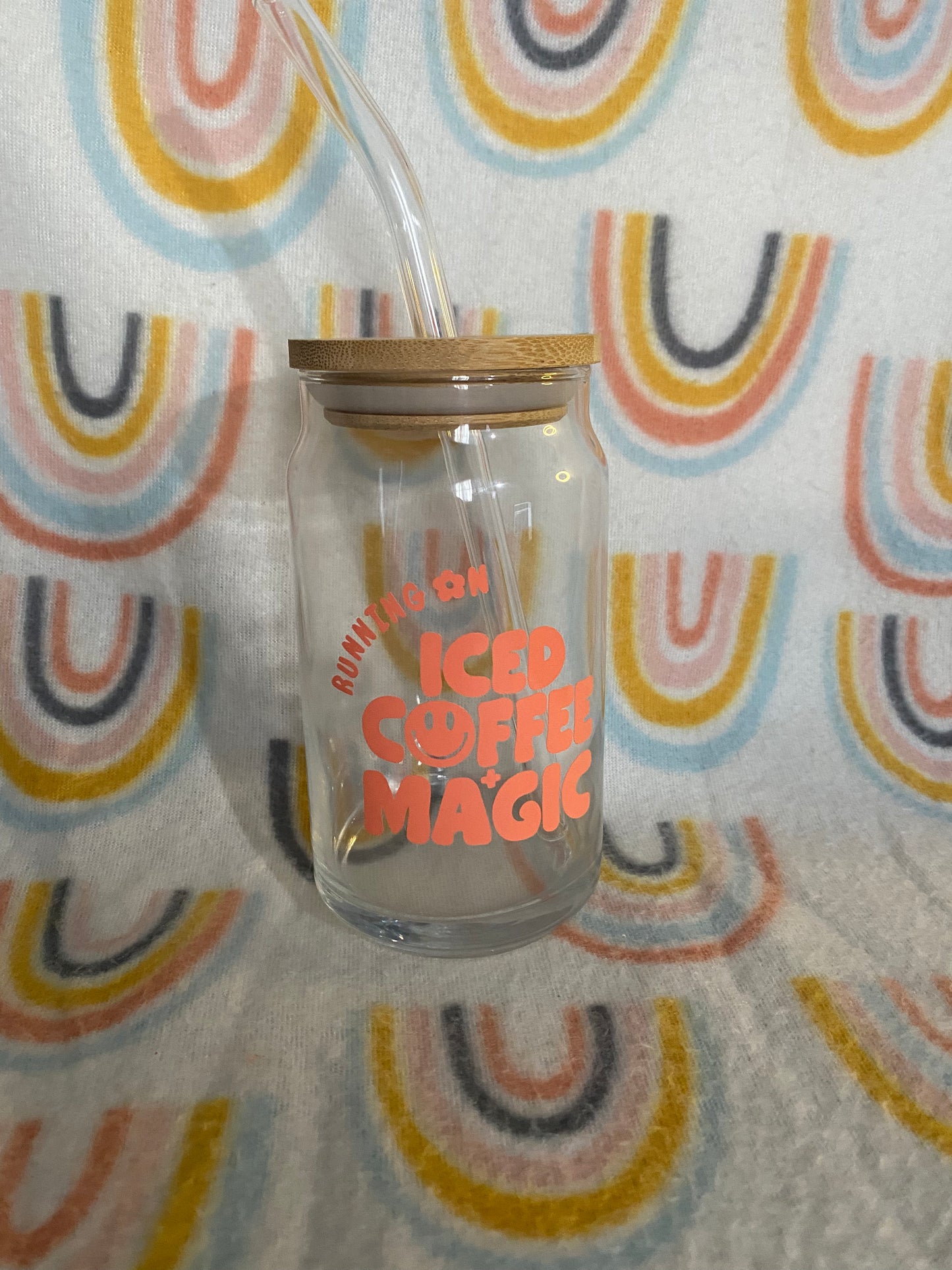 “ running on iced coffee + magic” 16 oz Libby Cup/libby glass