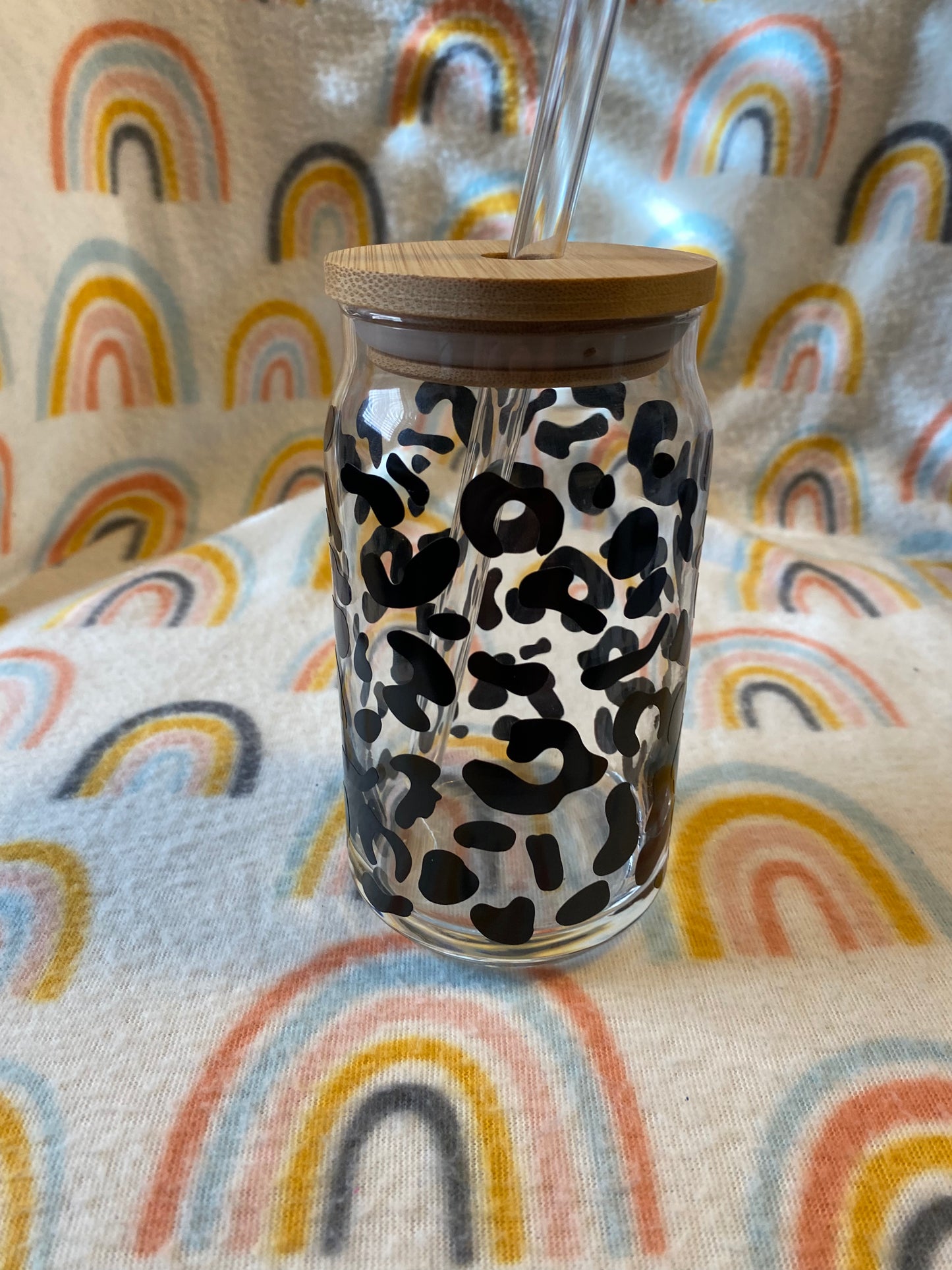 Black cheetah print 16 oz Libby Cup/libby glass