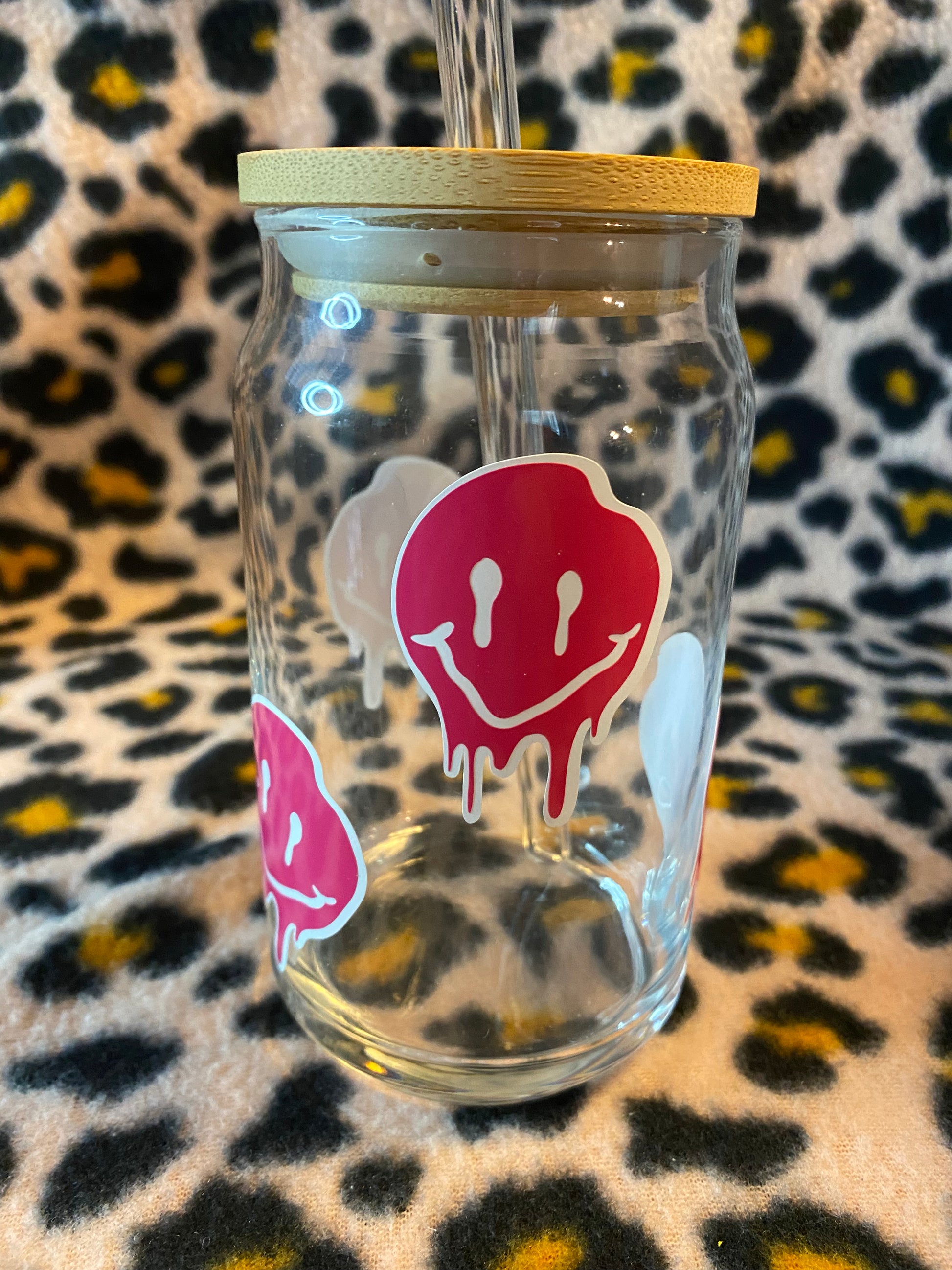 Pink Smiley Face Glass Cup