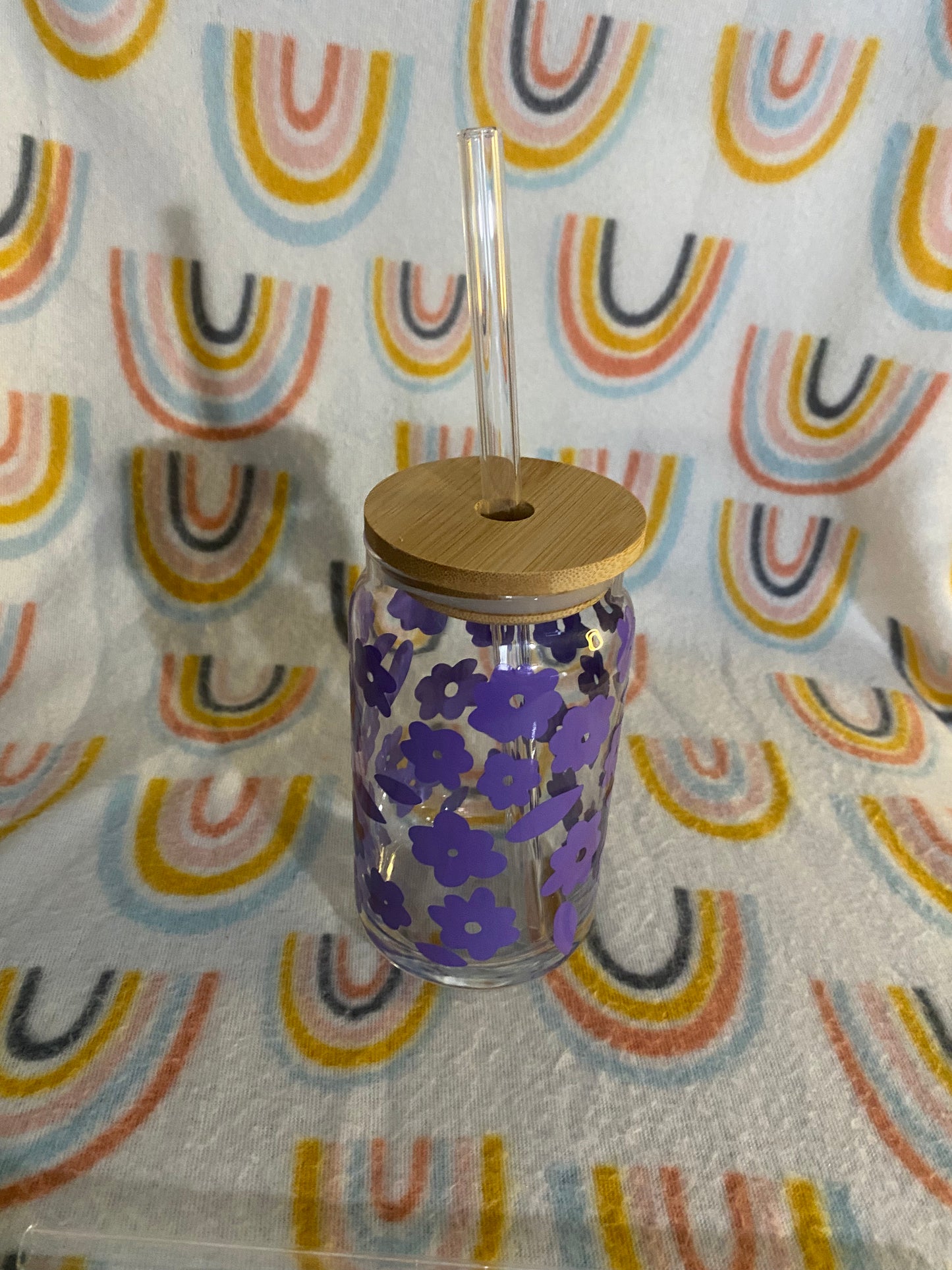 Purple flower print 16 oz Libby Cup/libby glass