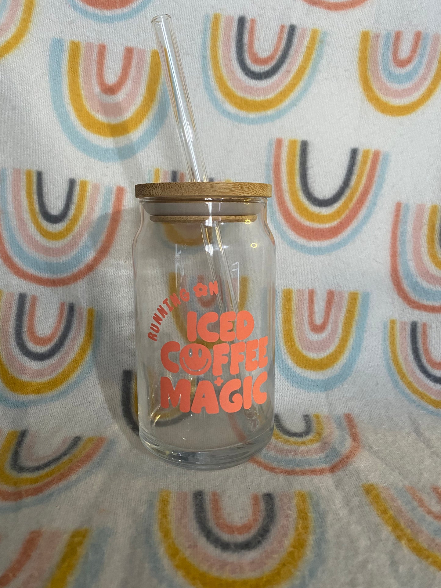 “ running on iced coffee + magic” 16 oz Libby Cup/libby glass